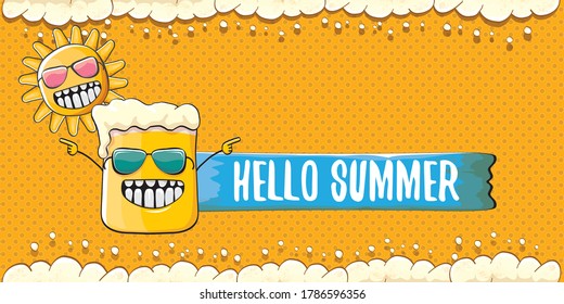 vector hello summer horizontal banner with cartoon funky funny beer glass character and smiling summer sun on orange beer background with foam. Funny cartoon crazy smiling friends 