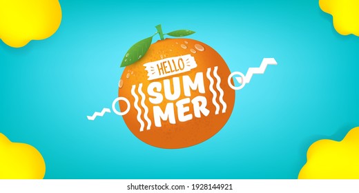 Vector Hola Banner horizontal de verano o planilla de diseño de volante con fruta naranja fresca aislada en fondo turquesa. Hola etiqueta de concepto de verano o afiche con texto de fruta y letras