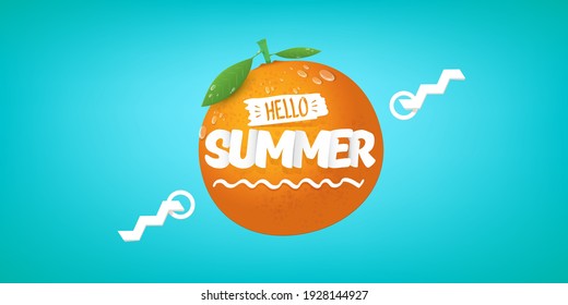 Vector Hello Summer horizontal banner or flyer Design template with fresh orange fruit isolated on turquoise background. Hello summer concept label or poster with fruit and letternig text