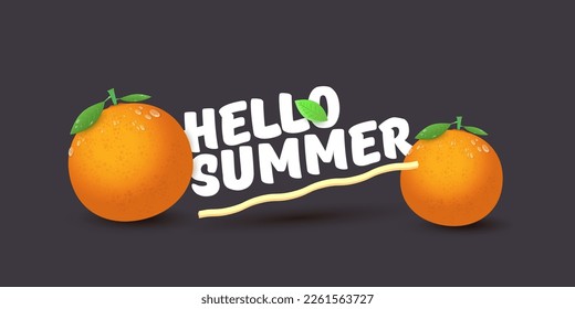 Vector Hello Summer horizontal banner or flyer Design template with fresh orange fruit isolated on grey background. Hello summer concept label or poster with fruit and letternig text.