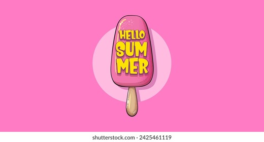 vector hello summer horizontal banner concept illustration with cartoon funny hand drawn ice cream on pink. Start of summer funky doodle label, poster, flyer or horizontal background