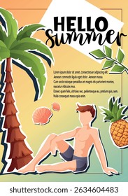 Vector Hello Summer illustration with boy sitting under palm tree. Great for seasonal campaigns, travel ads, or summer event flyers.

