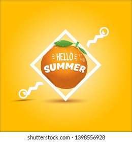 Vector Hello Summer label or flyer Design template with fresh orange fruit isolated on oarnge background. Hello summer concept label or poster with fruit and letternig text.