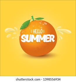 Vector Hello Summer label or flyer Design template with fresh orange fruit isolated on oarnge background. Hello summer concept label or poster with fruit and letternig text.