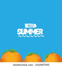 Vector Hello Summer label or flyer Design template with fresh orange fruit isolated on blue background. Hello summer concept label or poster with fruit and letternig text.