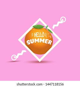 Vector Hello Summer label or flyer Design template with fresh orange fruit isolated on pink background. Hello summer concept label or poster with fruit and letternig text.