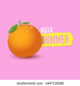 Vector Hello Summer label or flyer Design template with fresh orange fruit isolated on pink background. Hello summer concept label or poster with fruit and letternig text.