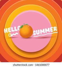 Vector Hello Summer label or flyer Design template with fresh orange fruit isolated on abstract circle orange background. Hello summer concept label or poster with fruit and letternig text.