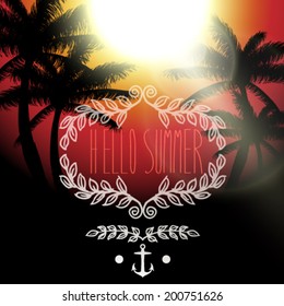 Vector hello summer message, on tropical background, sunset view in beach with palm trees illustration