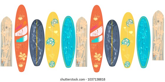 Vector Hello Summer poster background.  Flat horizontal banner. Wind surfing boards. Vector illustration