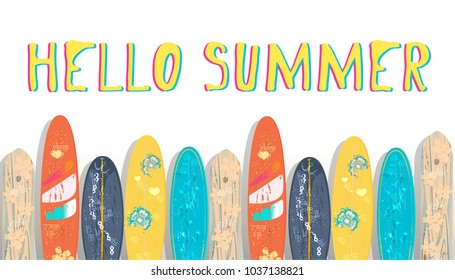 Vector Hello Summer poster background.  Flat horizontal banner. Wind surfing boards. Vector illustration