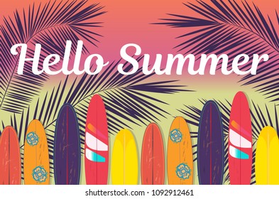 Vector Hello Summer poster background.  Flat horizontal banner. Wind surfing boards. Vector illustration