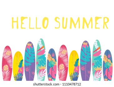 Vector Hello Summer poster background.  Flat horizontal banner. Wind surfing boards. Vector illustration