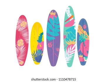 Vector Hello Summer poster background.  Flat horizontal banner. Wind surfing boards. Vector illustration