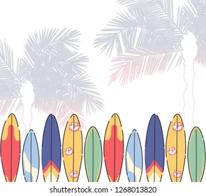 Vector Hello Summer poster background.  Flat horizontal banner. Wind surfing boards. Vector illustration
