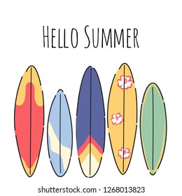 Vector Hello Summer poster background.  Flat horizontal banner. Wind surfing boards. Vector illustration