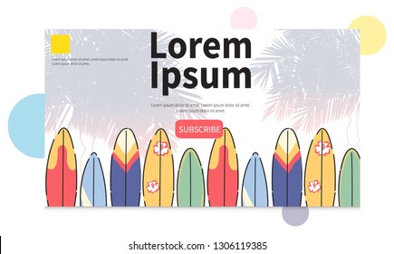Vector Hello Summer poster background.  Flat horizontal banner. Wind surfing boards. Line art. Hand drawn vector. Vector illustration