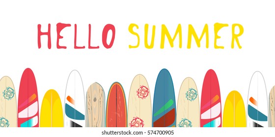 Vector Hello Summer poster background.  Flat horizontal banner. Wind surfing boards. Vector illustration