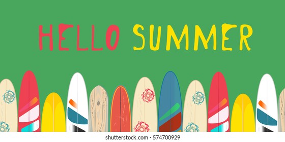 Vector Hello Summer poster background.  Flat horizontal banner. Wind surfing boards. Vector illustration