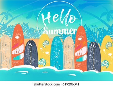 Vector Hello Summer poster background.  Flat horizontal banner. Wind surfing boards. Vector illustration