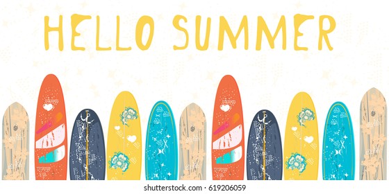 Vector Hello Summer poster background.  Flat horizontal banner. Wind surfing boards. Vector illustration