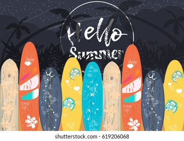 Vector Hello Summer poster background.  Flat horizontal banner. Wind surfing boards. Vector illustration