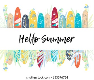 Vector Hello Summer poster background.  Flat horizontal banner. Wind surfing boards. Vector illustration