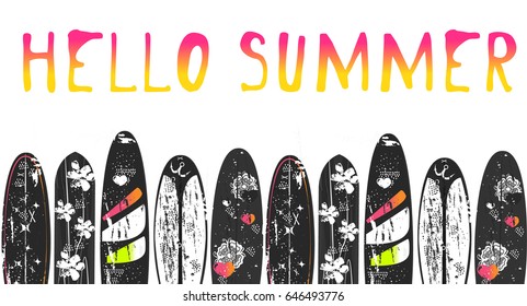 Vector Hello Summer poster background.  Flat horizontal banner. Wind surfing boards. Vector illustration