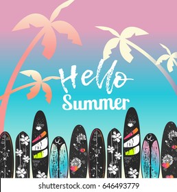 Vector Hello Summer poster background.  Flat horizontal banner. Wind surfing boards. Vector illustration
