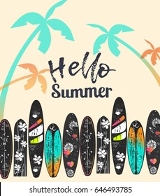 Vector Hello Summer poster background.  Flat horizontal banner. Wind surfing boards. Vector illustration