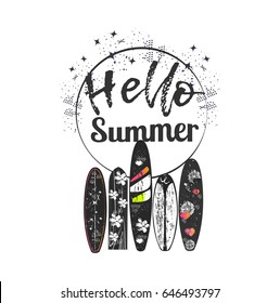 Vector Hello Summer poster background.  Flat horizontal banner. Wind surfing boards. Vector illustration