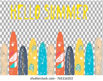 Vector Hello Summer poster background on transparent background.  Flat horizontal banner. Wind surfing boards. Vector illustration