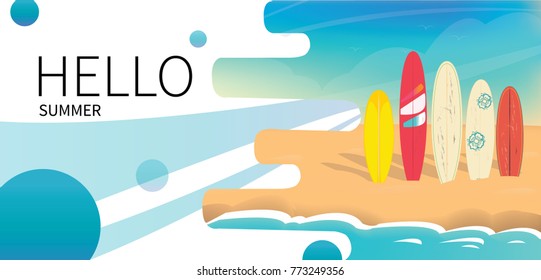 Vector Hello Summer poster background.  Flat horizontal banner. Wind surfing boards. Vector illustration