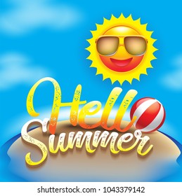 Vector Hello Summer with the sun and blue sky background. Vector illustration.