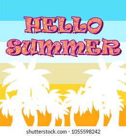 Vector Hello Summer typographic illustration on coconut tree background. 