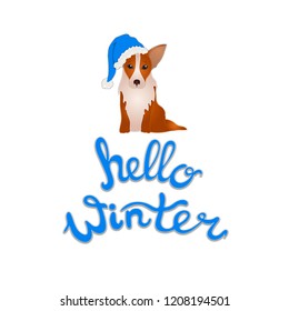 Vector Hello Winter Illustration with Symbol of the 2019 Year: Dog, Isolated on White Background Holiday Illustration.