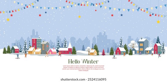 vector of hello winter season with people having fun doing outdoor activities in the night