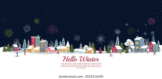 vector of hello winter season with people having fun doing outdoor activities in the night