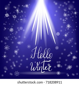 Vector Hello Winter Typographic Poster. Hand Drawn Phrase. Lettering on Blue Sky Background