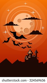 Vector helloween illustration of dark castle with big moon and several bats