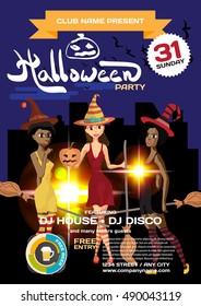 Vector helloween party invitation disco style. Three girls in the witch costume on the background of the city at night. Template posters or flyers