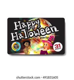 Vector helloween party invitation disco style. Night club, dj, women, disco ball template flyers.