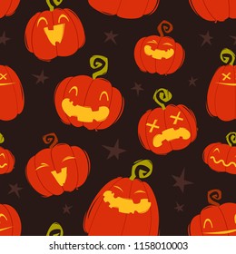 Vector Helloween seamless pattern with funny cartoon smiling pumpkins. Cartoon pumpkins for hallowen party decoration and print design