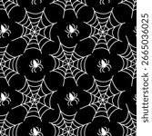 Vector Helloween wallpaper with cobwebs and spiders. Seamless pattern of white spiderwebs with small spiders scattered on black background. Classic spooky Halloween or creepy crawly themed design.
