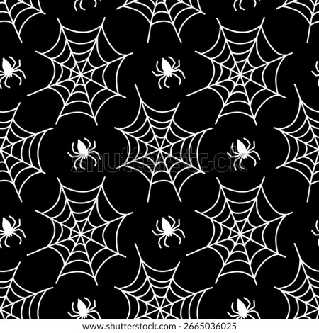 Vector Helloween wallpaper with cobwebs and spiders. Seamless pattern of white spiderwebs with small spiders scattered on black background. Classic spooky Halloween or creepy crawly themed design.