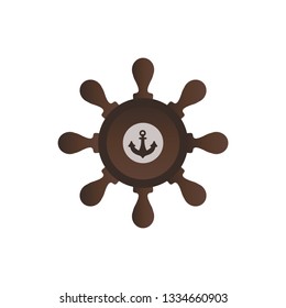Vector helm, boat steering wheel with anchor icon. Traditional nautical symbol, ship navigation control tool. Marine restaurant, company logo icon. Marine vintage object.