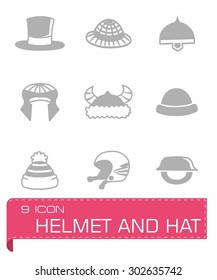 Vector helmet and hat icon set on grey background