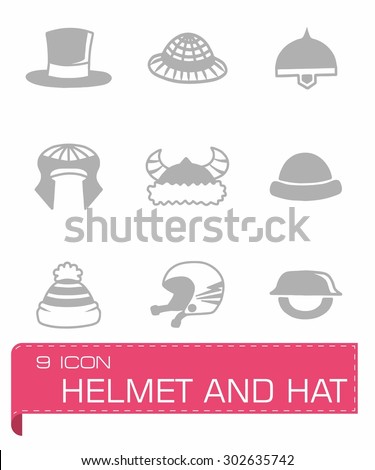 Vector helmet and hat icon set on grey background