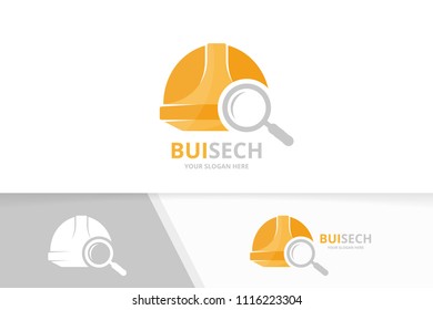 Vector helmet and loupe logo combination. Hat and magnifying symbol or icon. Unique safety and search logotype design template.