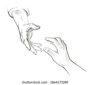 Vector Helping hand concept. Gesture, sign of help and hope. Two hands taking each other. Isolated watercolor, line illustration on white background.